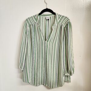 Cabi, Blouse, V neck, 3/4 sleeve Large, White w/Stripes of Green, Black & Blue